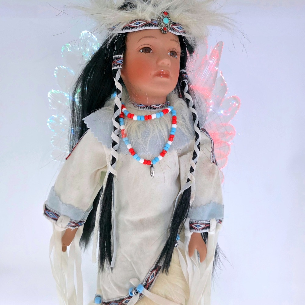 Vintage Fiber Optic Angel Doll Native American Moving Wings 16in White Beaded
